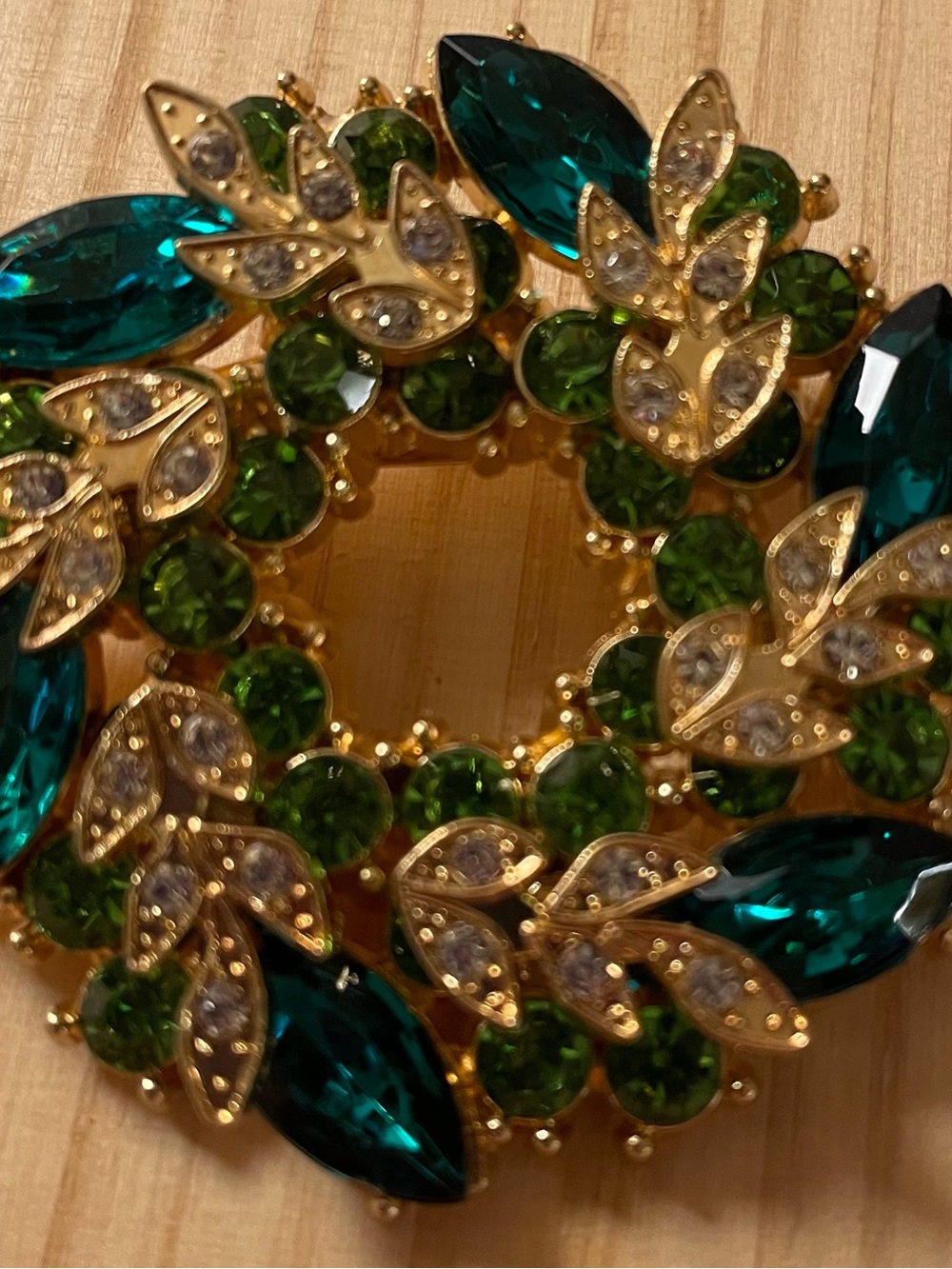 Gold-Tone Green & Teal Crystal Wreath Brooch